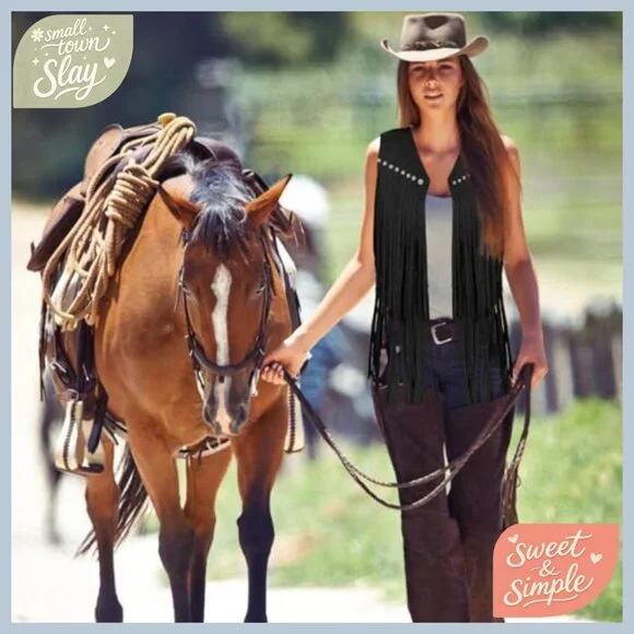 Large Faux Suede Fringe Vest 60s 70s Hippie Western Tassel Sleeveless - Picture 2 of 6